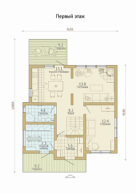 Проект каркасного дома с небольшой открытой террасой / План 1 этажа