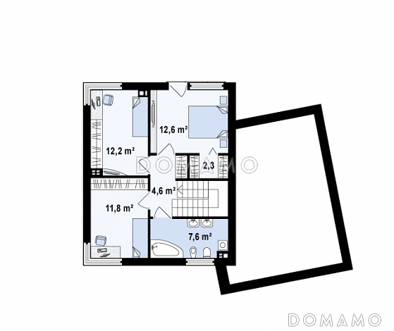 Проект двухэтажного дома из газобетона в стиле кубизм со спальной зоной на втором этаже и с гаражом / План 2 этажа