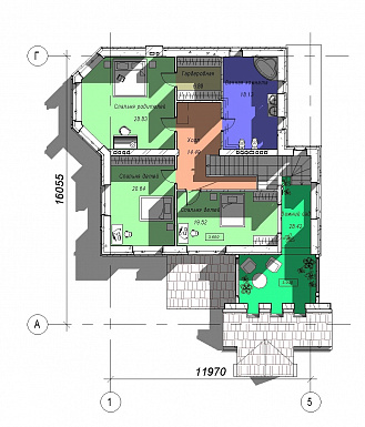 Проект двухэтажного дома с эркером и зимним садом, бильярдной и тренажерным залом на цокольном этаже / План 2 этажа