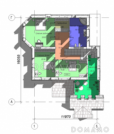 Проект двухэтажного дома с эркером и зимним садом, бильярдной и тренажерным залом на цокольном этаже / План 2 этажа