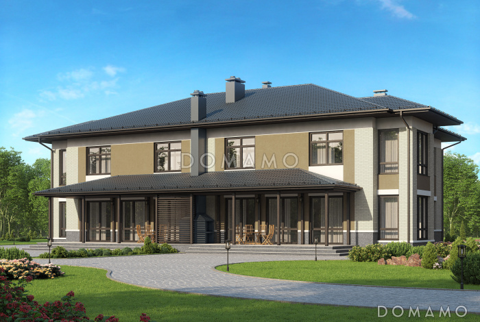 Проект двухэтажного дуплексного дома с крытой террасой