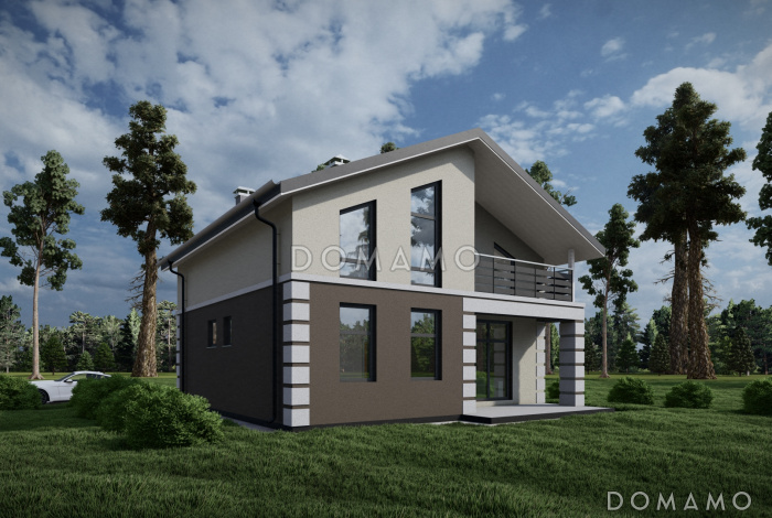 Проект коттеджа с совмещенной кухней-гостиной, спортзалом на мансардном этаже, балконом и окнами в пол