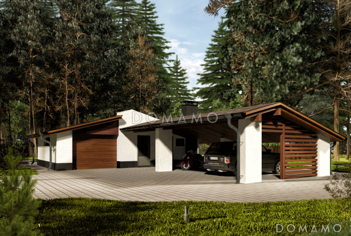 Крытый гараж на одну машину с навесом на два автомобиля, сауной и мастерской