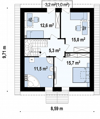 Проект классического мансардного дома из газобетона с кабинетом, с эркером и балконом / План мансардного этажа