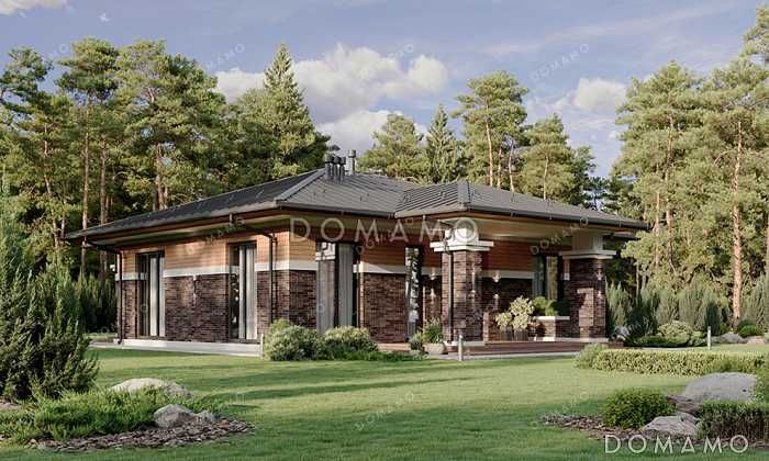 Проект дома с тремя спальнями, окнами в пол и крытой террасой