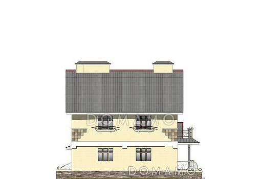 Проект дома из пеноблоков с гостевой комнатой на первом этаже и гаражом для одного автомобиля / Фасад 2