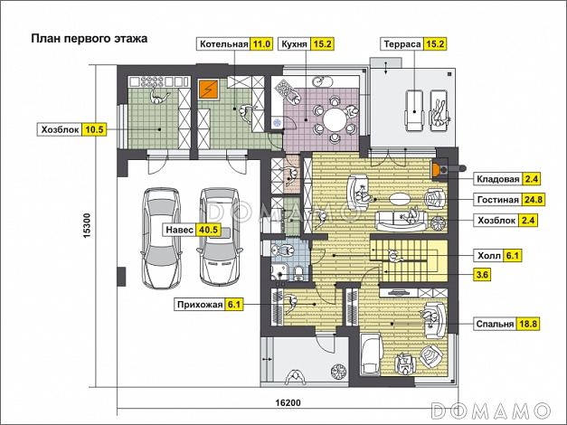 Проект дома из СИП панелей с навесом на две машины, крытой террасой, спальней на первом этаже, балконом / План 1 этажа