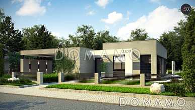 Проект просторного современного одноэтажного дома из газобетона с плоской крышей с четырьмя спальнями, террасой и крытым навесом для двух автомобилей