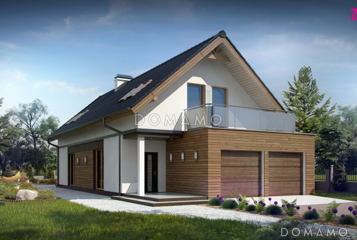 Проект одноэтажного мансардного дома из кирпича с гаражом на два автомобиля и террасой над гаражом