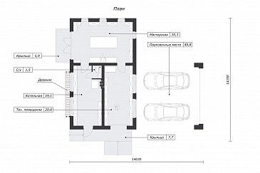 Проект хозблока с мастерской и навесом для двух машин / План