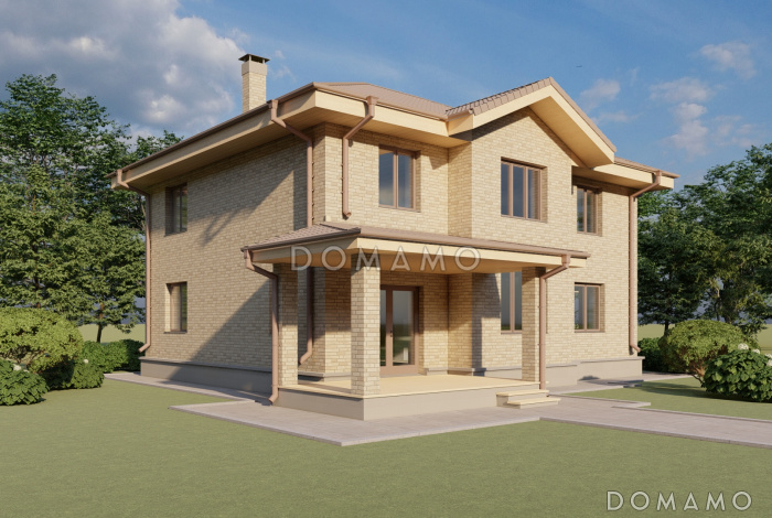 Проект двухэтажного дома с крытой террасой и четырьмя спальнями