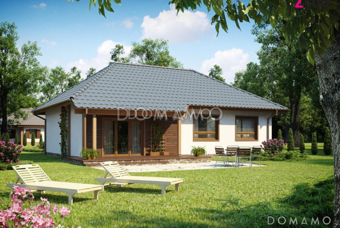 Проект одноэтажного каркасного дома с просторной гостиной, двумя спальнями и кабинетом