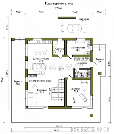 Проект двухэтажного каркасного дома в стиле хай-тек с масштабным остеклением, вторым светом и спортзалом / План 1 этажа