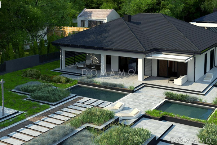 Проект большого одноэтажного дома из кирпича с тремя спальнями, кабинетом с отдельным входом и гаражом