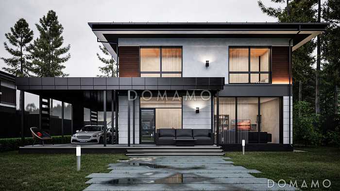 Проект двухэтажного дома с 3 спальнями, кабинетом и автонавесом