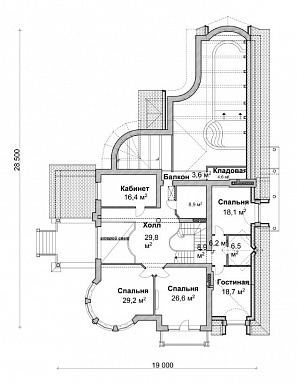 Проект коттеджа с бассейном, зимним садом и гаражом на 2 а/м,  / План 2 этажа