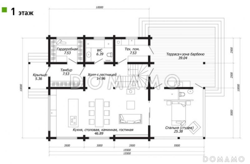 Проект двухэтажного дома из клееного бруса с панорамным остеклением в спальне / План 1 этажа