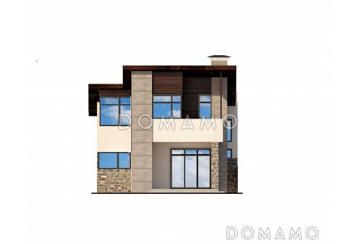 Проект дома с косой крышей, гаражом на две машины, просторной гостиной с камином, хозяйской спальней с камином и балконом, крытой террасой / Фасад 2