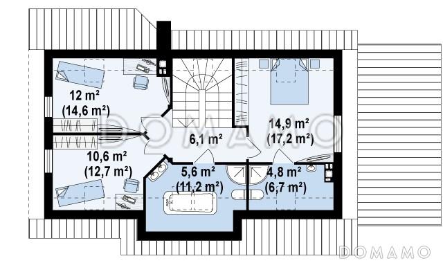 Проект традиционного мансардного дома из газобетона с дополнительной спальней на первом этаже и гаражом / План мансардного этажа