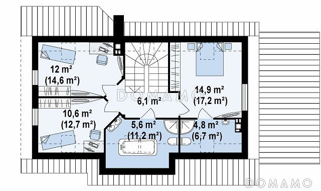 Проект традиционного мансардного дома из газобетона с дополнительной спальней на первом этаже и гаражом / План мансардного этажа