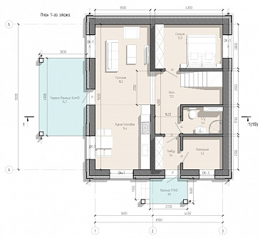 Проект двухэтажного дома с тремя спальнями, кабинетом, гостной-кухней-столовой и котельной / План 1 этажа