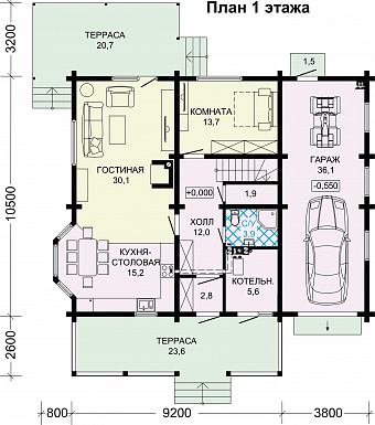 Проект двухэтажного деревянного дома с двумя террасами и гаражом на 1 автомобиль / План 1 этажа