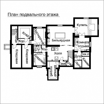 Проект двухэтажного дома с выступающими эркерами, балконами / План цокольного этажа
