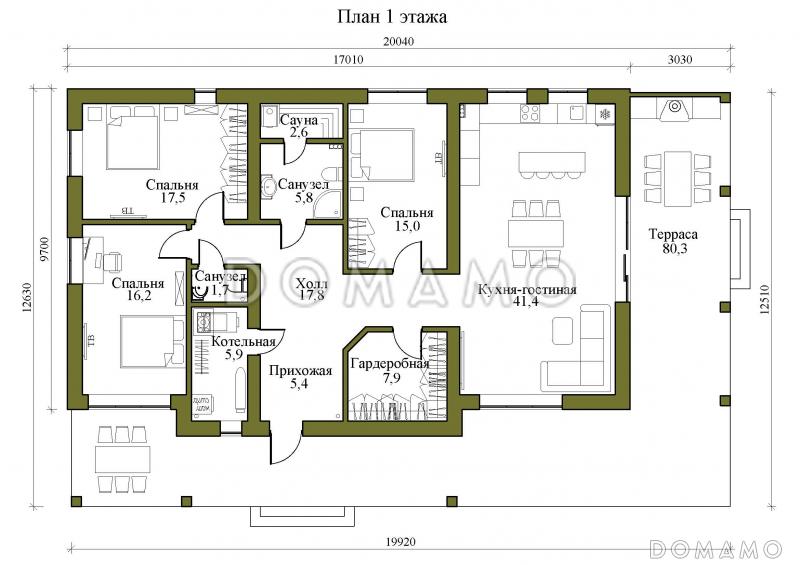 Проект одноэтажного газобетонного дома с сауной, просторной террасой и барбекю / План 1 этажа