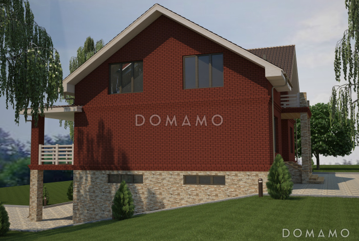 Проект дома с мансардным и цокольным этажом, с гаражом и крытой террасой на втором этаже