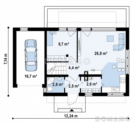 Проект одноэтажного дома из газобетона с мансардным этажом, светлой гостиной и гаражом для автомобиля / План 1 этажа