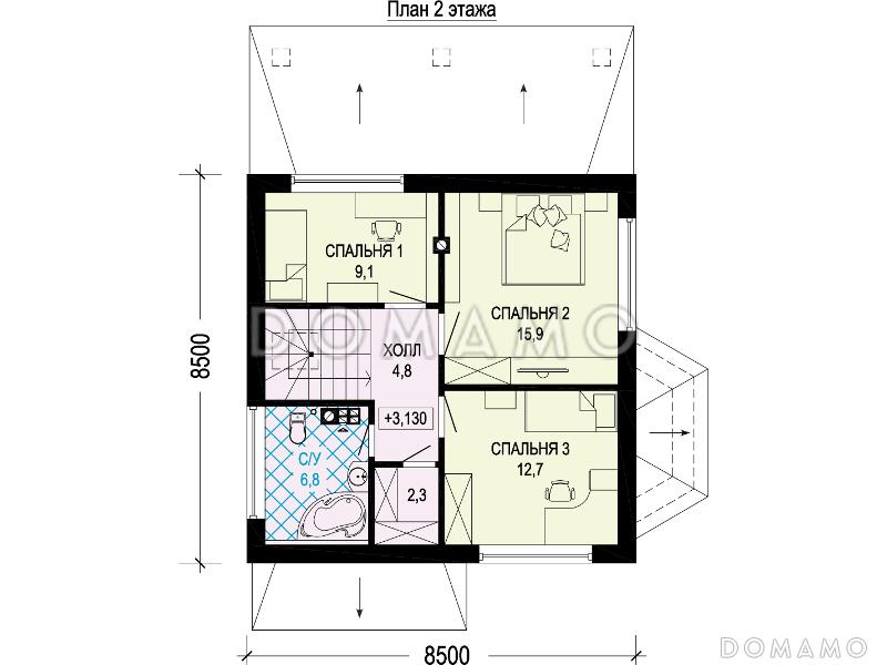 Проект одноэтажного мансардного дома из газобетона с тремя спальнями, кабинетом, эркером и крытой террасой / План мансардного этажа
