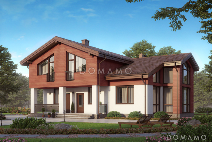 Проект дома из СИП панелей с панорамными окнами и натуральной черепицей