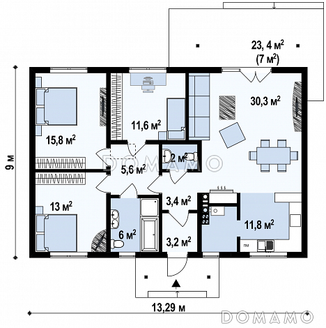 Проект одноэтажного дома адаптированного для каркасного строительства с тремя спальнями и крытой террасой / План 1 этажа