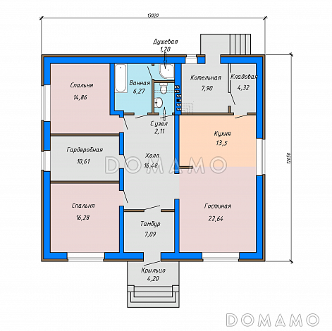 Проект загородного дома с ванной и душевой, просторной гостиной, гардеробной с окном, кладовой в котельной / План 1 этажа