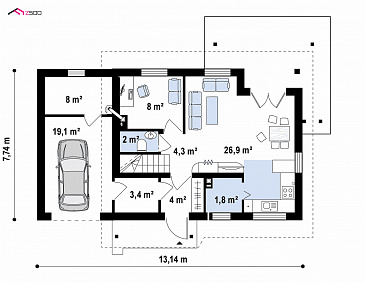 Проект дома из газобетона с мансардой, камином, кабинетом и гаражом / План 1 этажа