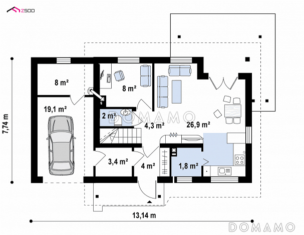 Проект дома из газобетона с мансардой, камином, кабинетом и гаражом / План 1 этажа