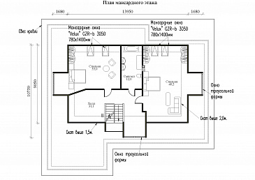 Проект одноэтажного дома с мансардой и треугольными окнами на крыше / План мансардного этажа