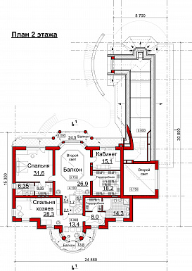 Проект коттеджа с двусветной гостиной, бильярдной и бассейном / План 2 этажа