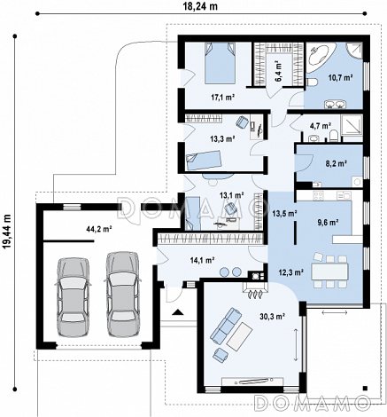 Проект просторного одноэтажного дома из кирпич с тремя спальнями, большой гардеробной и гаражом на два автомобиля / План 1 этажа