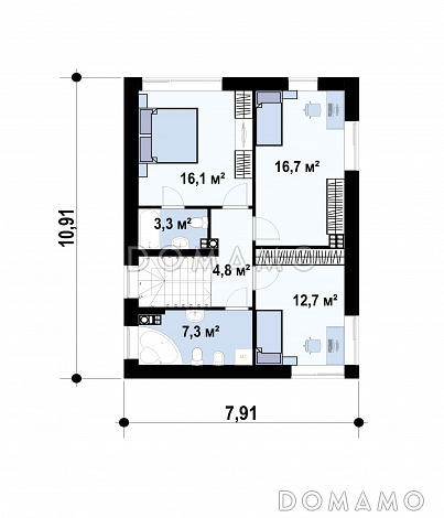 Проект двухэтажного дома с террасой, подвалом, кухней с кладовой, санузлом с душем на первом этаже / План 2 этажа