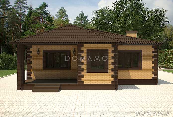 Проект дома с террасой и небольшой верандой, кухней-гостиной и тремя спальнями