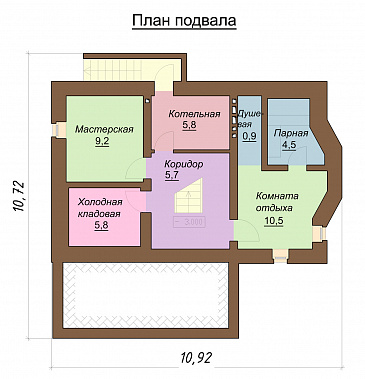 Проект одноэтажного дома с мансардным и цокольным этажами, с эркером / План цокольного этажа