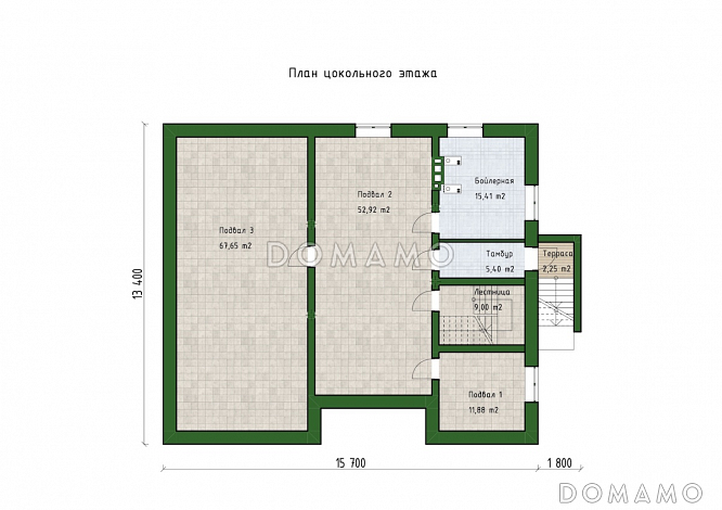 Проект трехуровневого дома с 3 спальнями, балконом и большим подвалом / План цокольного этажа