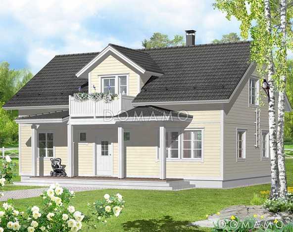 Проект каркасного дома с мансардой и небольшим балконом