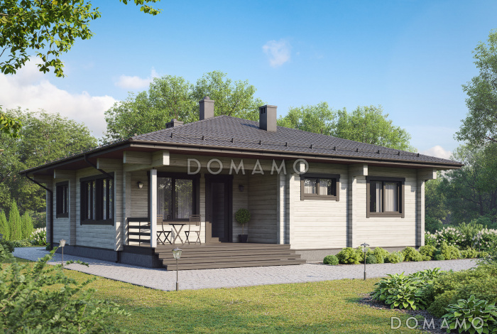 Проект деревянного дома с тремя спальнями, квадратной гостиной-столовой и крытой террасой