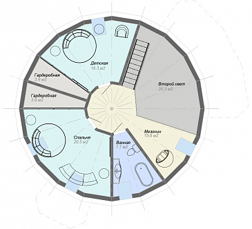 Проект купольного дома с 4 спальнями и видовой гостиной / План мансардного этажа