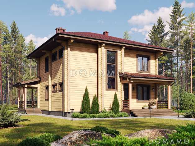 Проект двухэтажного дома из бруса с кабинетом, 4 спальнями и большой гардеробной у входа