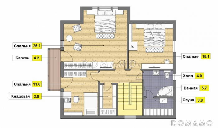 Проект дома из пеноблоков в стиле фахверк с сауной на мансардном этаже / План мансардного этажа