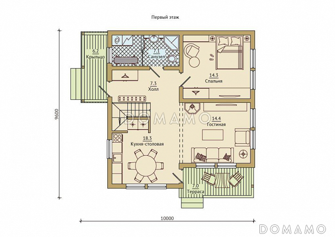 Проект каркасного дома с тренажерным залом на мансардном этаже / План 1 этажа