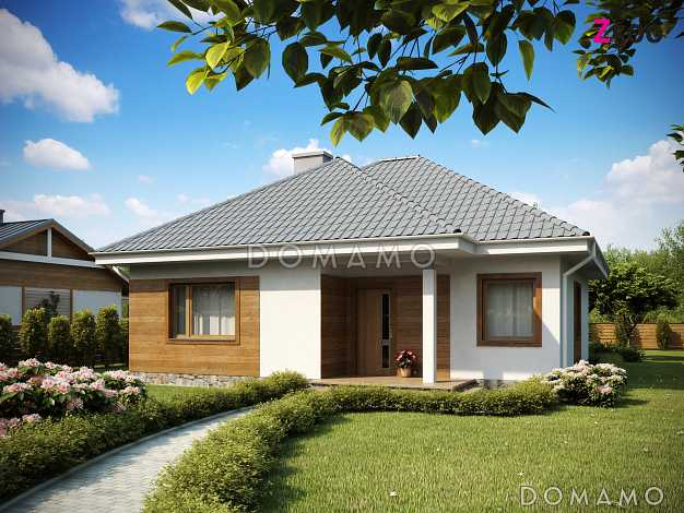 Проект одноэтажного дома из кирпича с двумя спальнями и крытой террасой